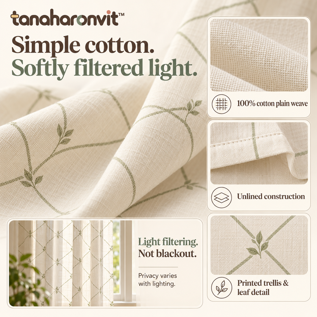 tanaharonvit™ Morning Trellis Light-Filtering Curtain Panels, Set of 2, 50 x 84 in Each, Cotton Rod Pocket Window Drapes — Sage & Ivory
