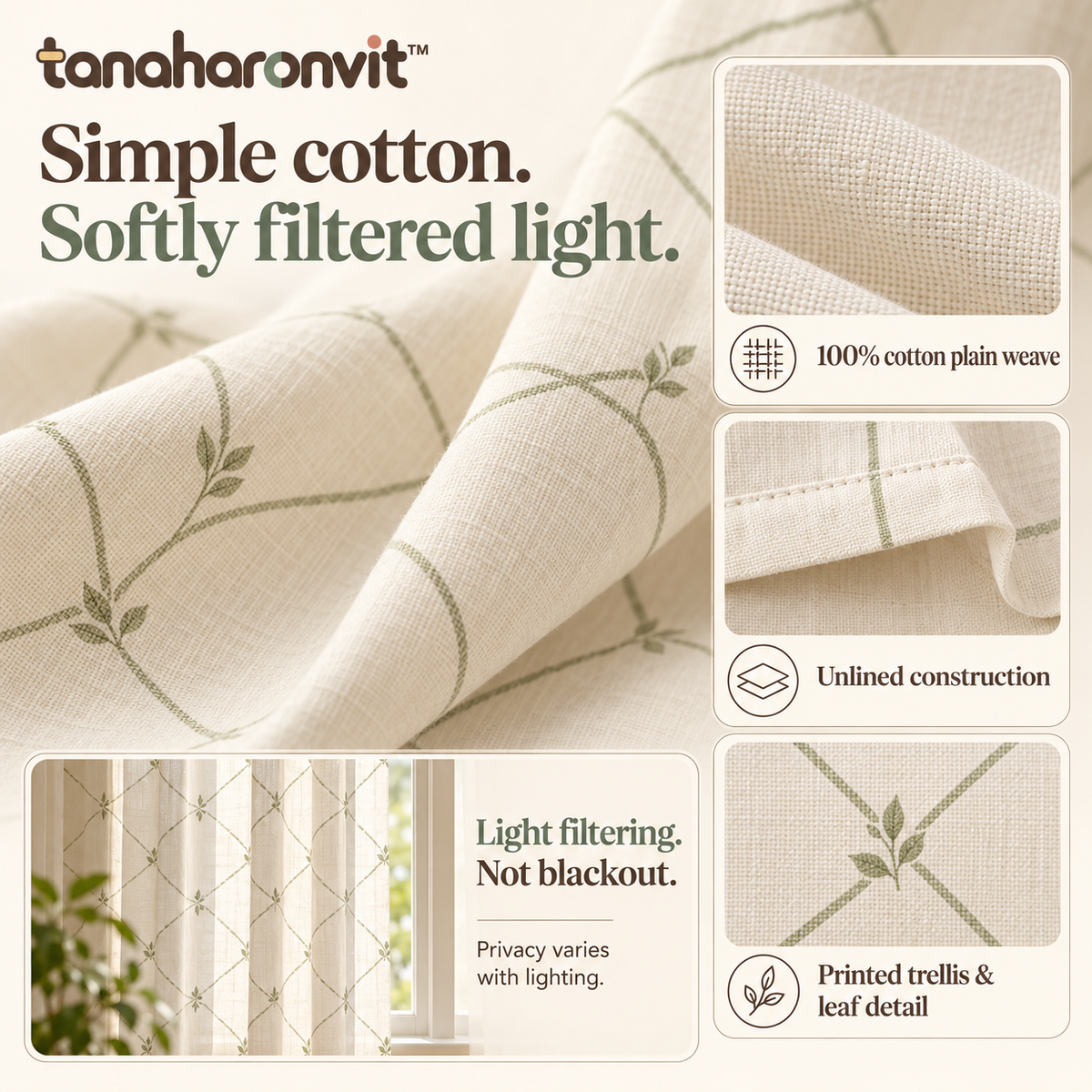tanaharonvit™ Morning Trellis Light-Filtering Curtain Panels, Set of 2, 50 x 84 in Each, Cotton Rod Pocket Window Drapes — Sage & Ivory