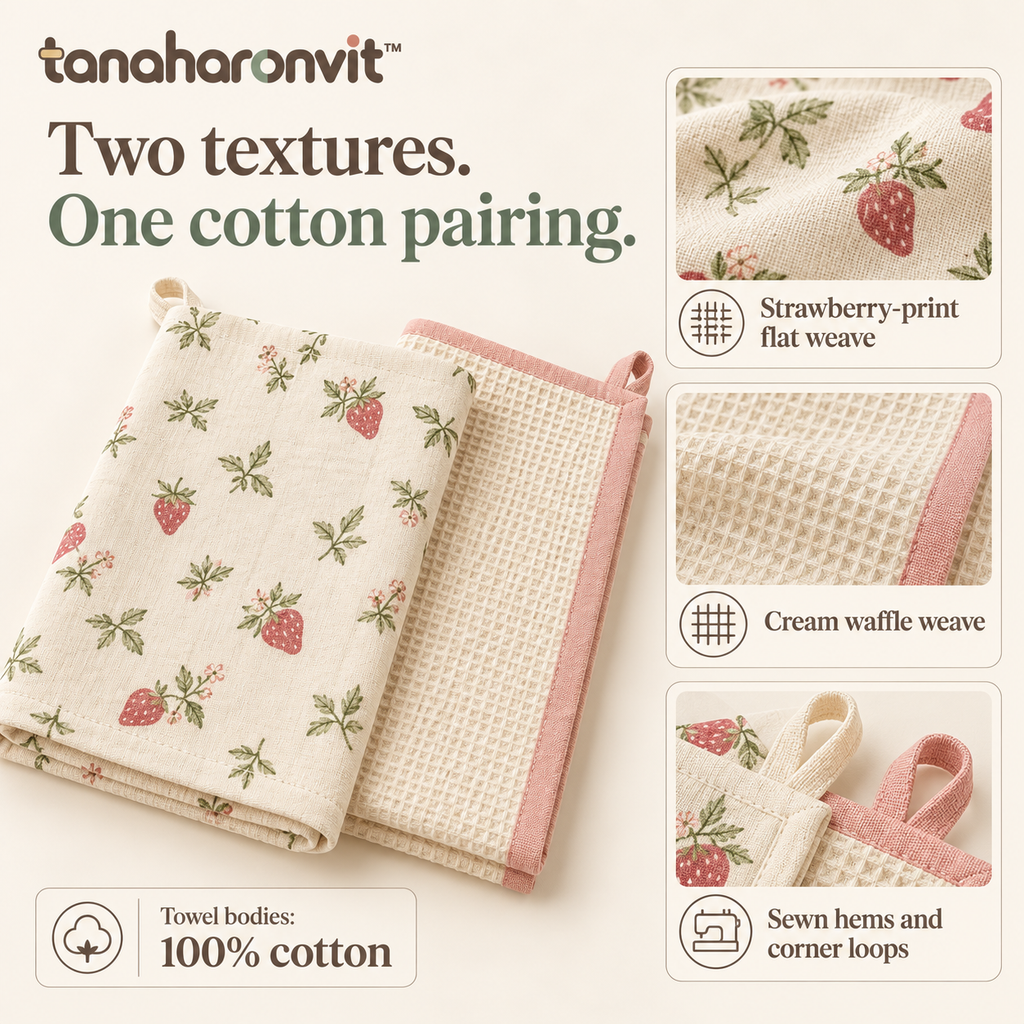 tanaharonvit™ Berry Breakfast Cotton Kitchen Towels, Set of 2, 18 x 28 in, Strawberry Print & Waffle Weave Dish Towels — Blush & Cream