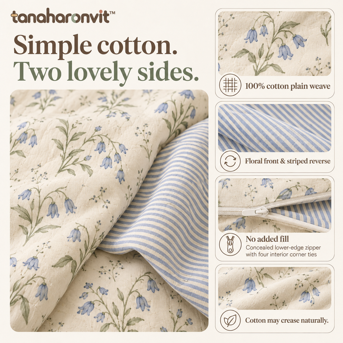 tanaharonvit™ Bluebell Notes Cotton Duvet Cover Set, Full/Queen 90 x 90 in, 3-Piece Reversible Floral Bedding with 2 Standard Shams — Powder Blue & Ivory