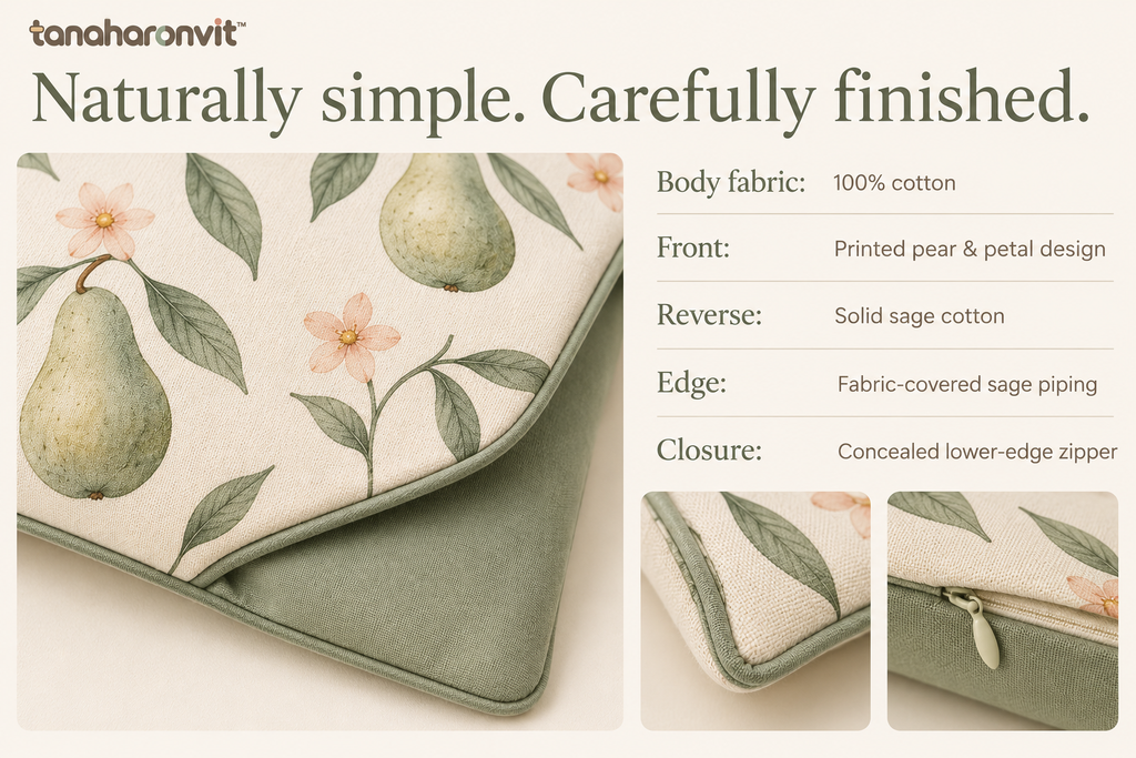 tanaharonvit™ Pear & Petal Cotton Lumbar Pillow Cover, 12 x 20 in, Botanical Decorative Throw Cushion Cover with Piping — Sage Green & Ivory