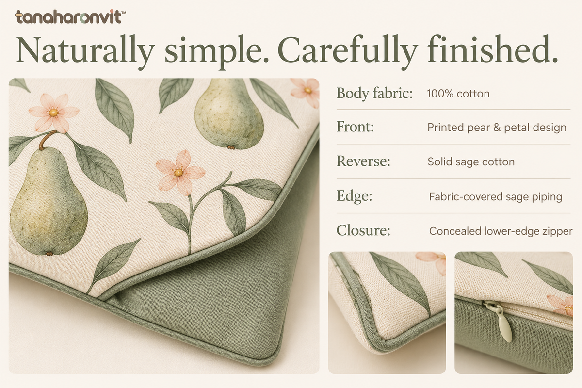 tanaharonvit™ Pear & Petal Cotton Lumbar Pillow Cover, 12 x 20 in, Botanical Decorative Throw Cushion Cover with Piping — Sage Green & Ivory