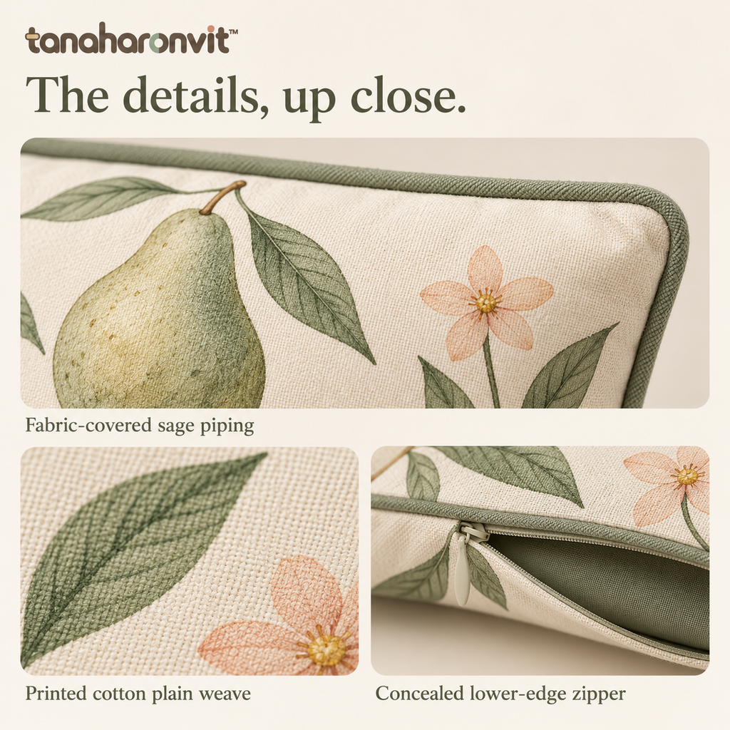 tanaharonvit™ Pear & Petal Cotton Lumbar Pillow Cover, 12 x 20 in, Botanical Decorative Throw Cushion Cover with Piping — Sage Green & Ivory