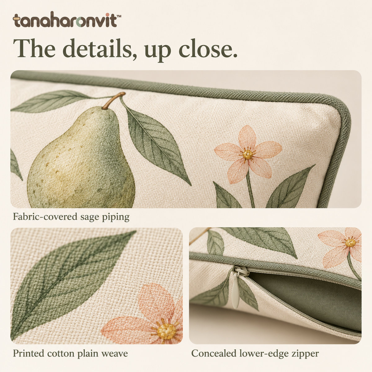 tanaharonvit™ Pear & Petal Cotton Lumbar Pillow Cover, 12 x 20 in, Botanical Decorative Throw Cushion Cover with Piping — Sage Green & Ivory