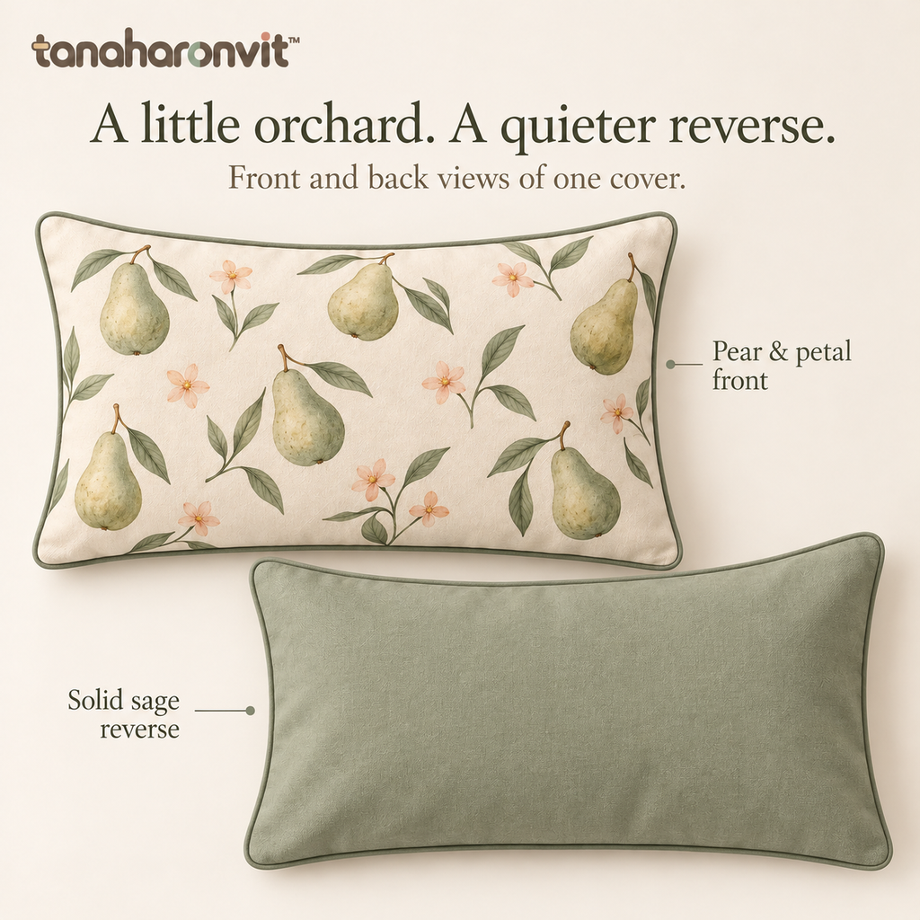 tanaharonvit™ Pear & Petal Cotton Lumbar Pillow Cover, 12 x 20 in, Botanical Decorative Throw Cushion Cover with Piping — Sage Green & Ivory