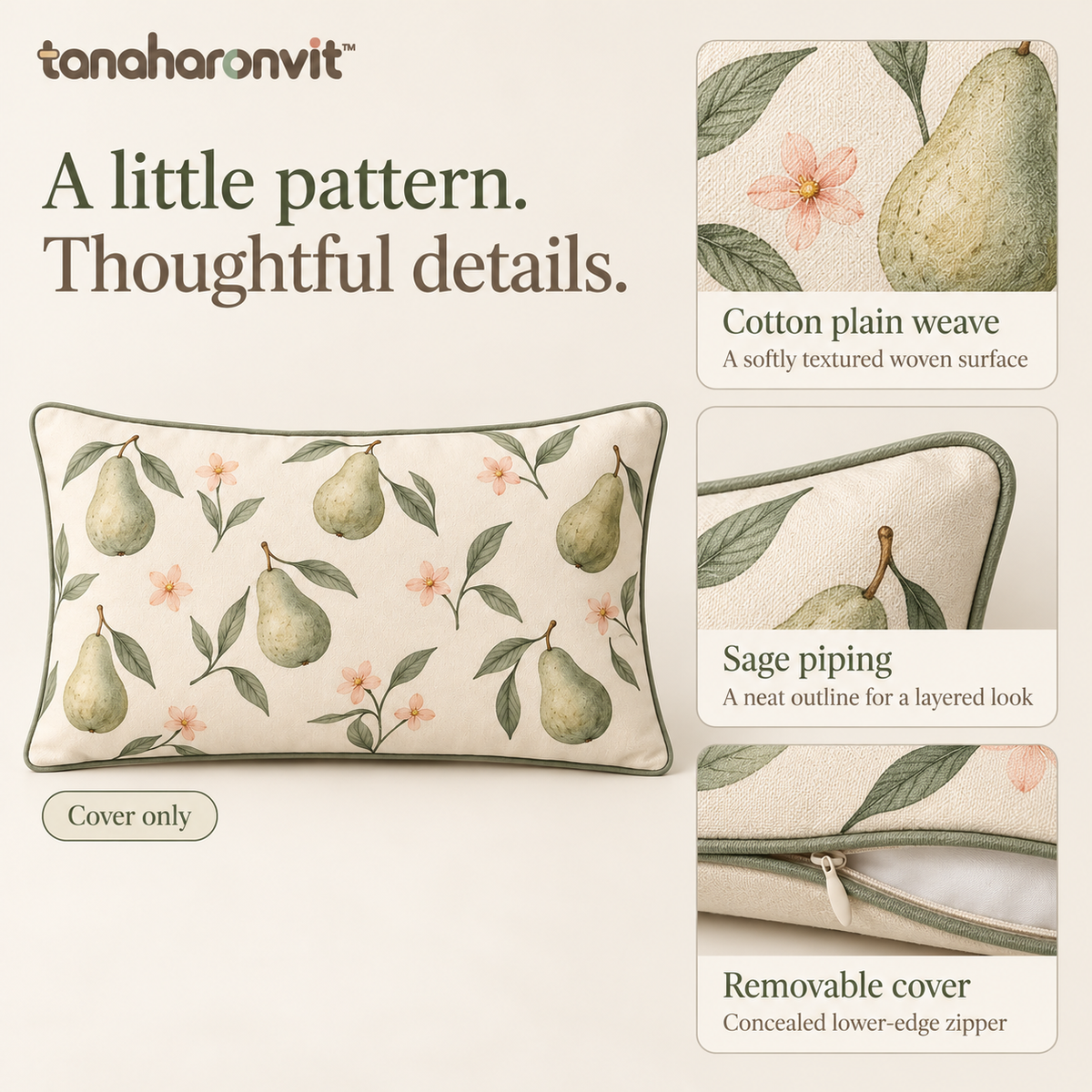 tanaharonvit™ Pear & Petal Cotton Lumbar Pillow Cover, 12 x 20 in, Botanical Decorative Throw Cushion Cover with Piping — Sage Green & Ivory