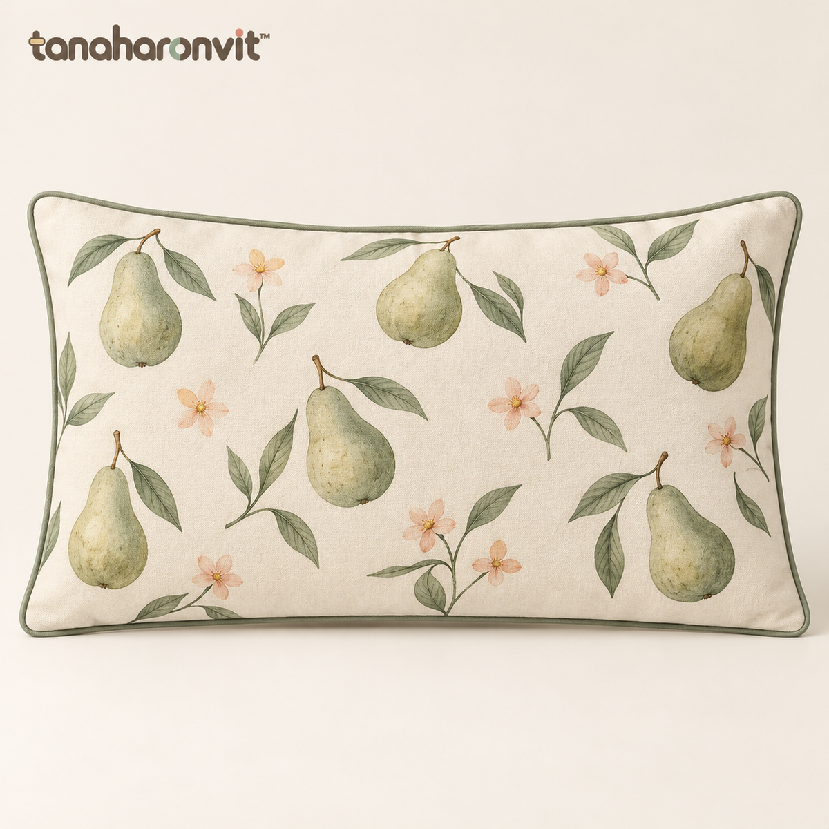 tanaharonvit™ Pear & Petal Cotton Lumbar Pillow Cover, 12 x 20 in, Botanical Decorative Throw Cushion Cover with Piping — Sage Green & Ivory